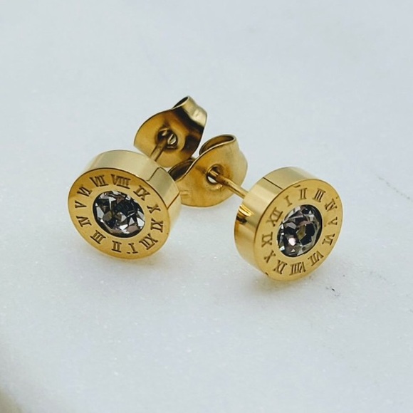 Roman Numeral Gold or Silv Simulated Diamonds Stud - Picture 3 of 6